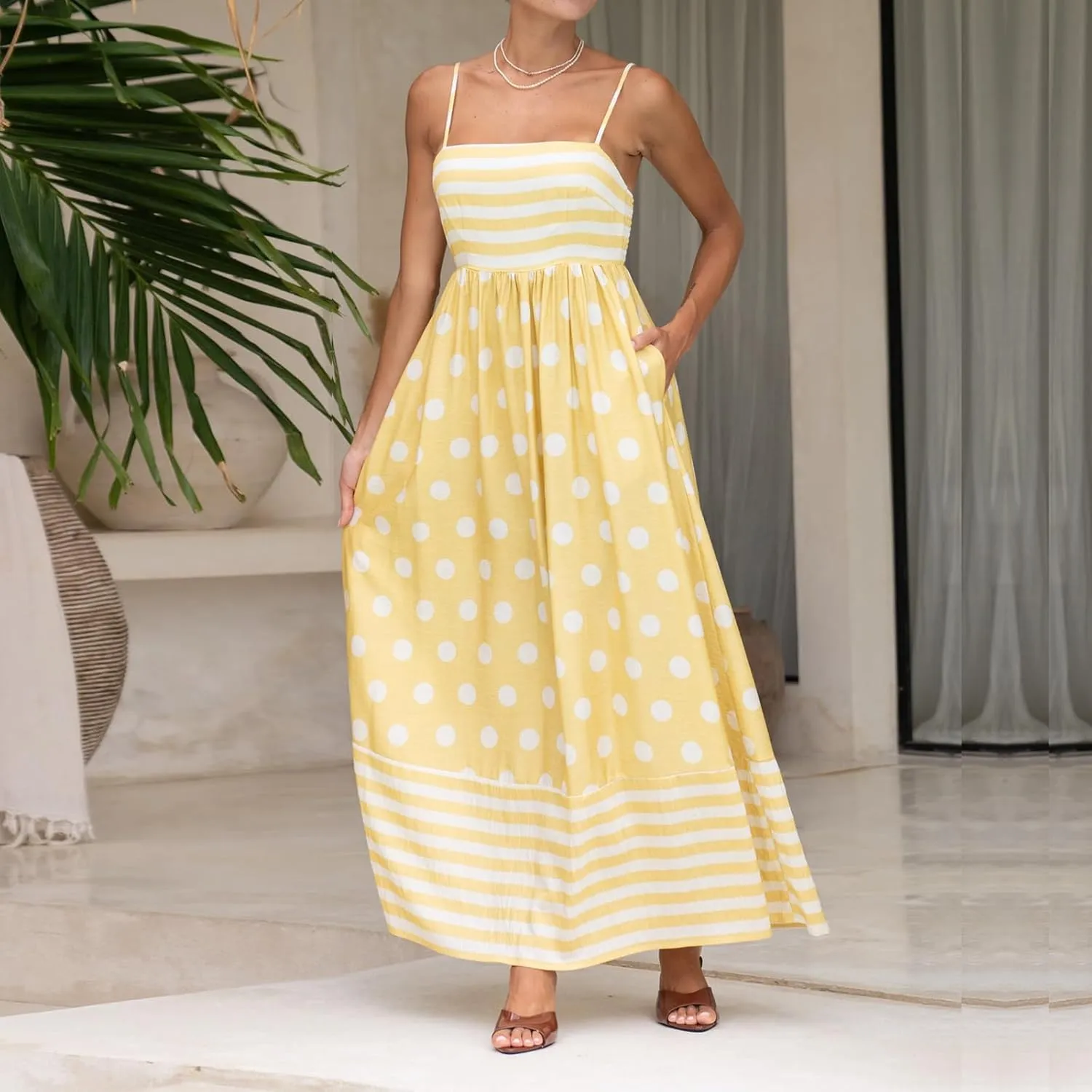 Faretumiya Women Spaghetti Strap Flowy Maxi Dress Sleeveless Stripe Print Smocked Boho Ruffle Vacation Long Beach Sundress