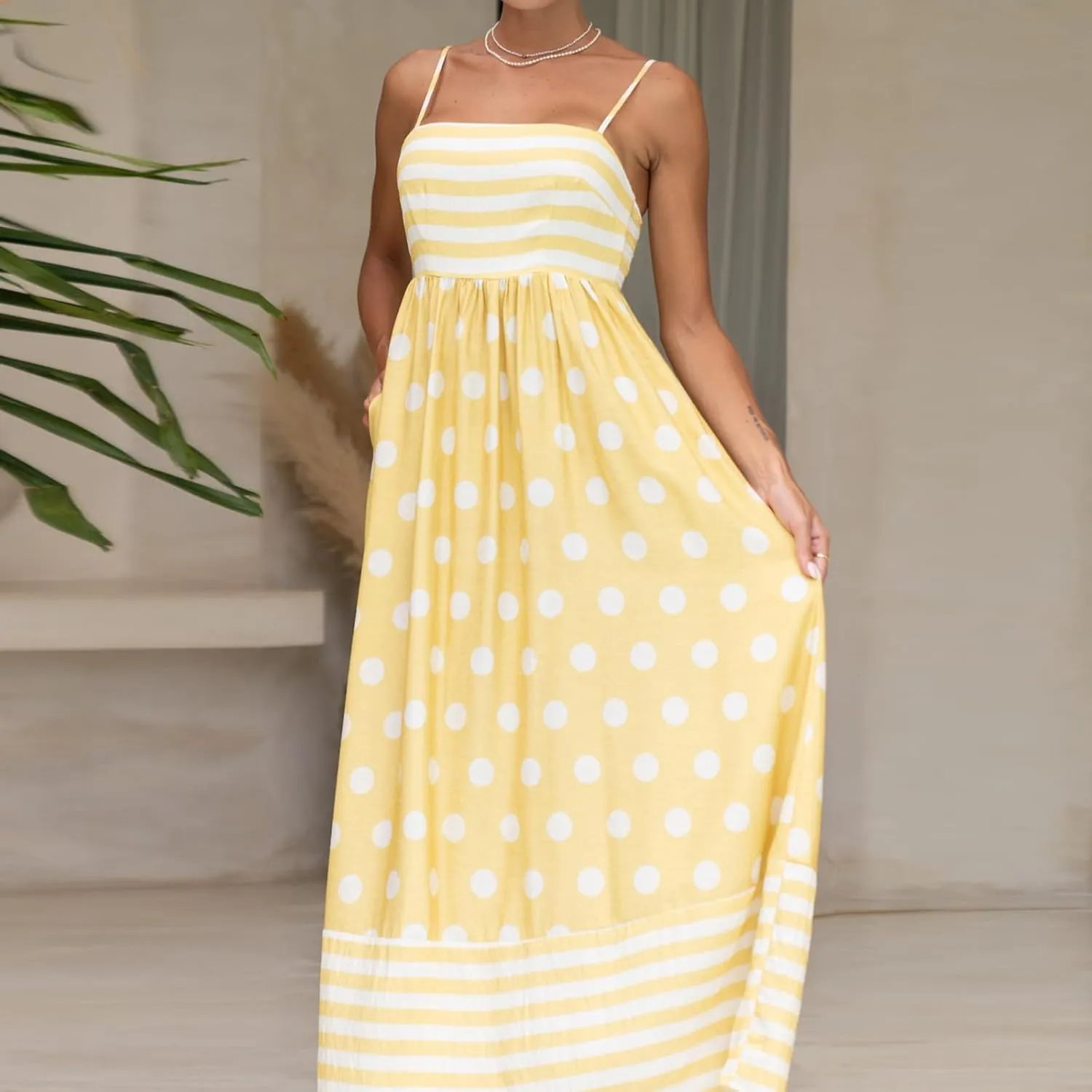 Faretumiya Women Spaghetti Strap Flowy Maxi Dress Sleeveless Stripe Print Smocked Boho Ruffle Vacation Long Beach Sundress