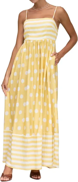 Faretumiya Women Spaghetti Strap Flowy Maxi Dress Sleeveless Stripe Print Smocked Boho Ruffle Vacation Long Beach Sundress
