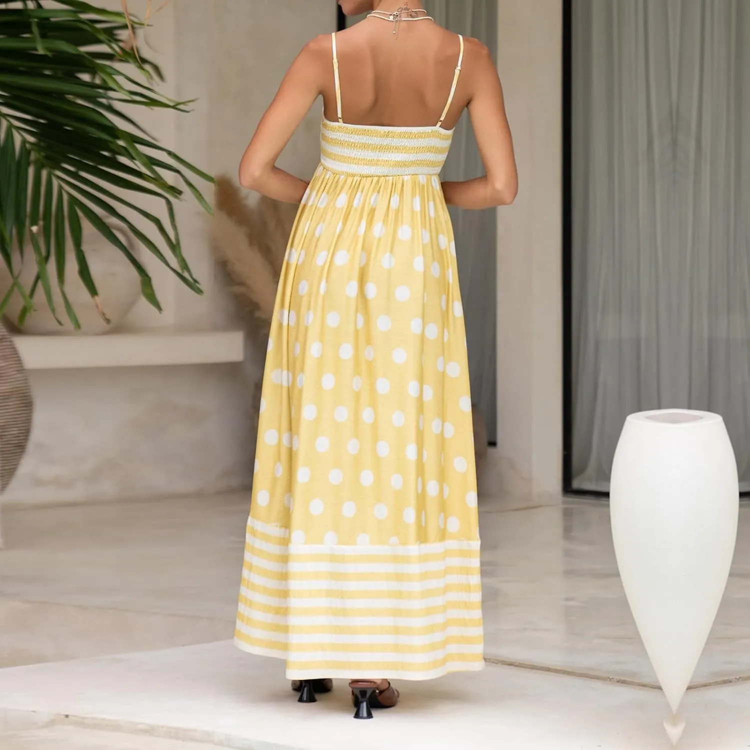 Faretumiya Women Spaghetti Strap Flowy Maxi Dress Sleeveless Stripe Print Smocked Boho Ruffle Vacation Long Beach Sundress