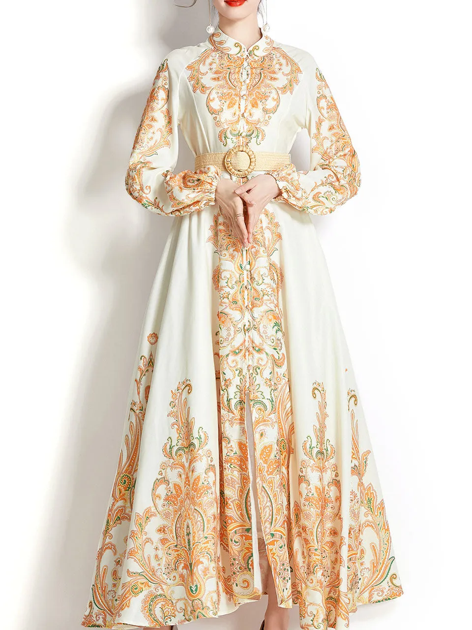Green Stand Collar  Print Long Sleeve Bohemian Dress Maxi Dress