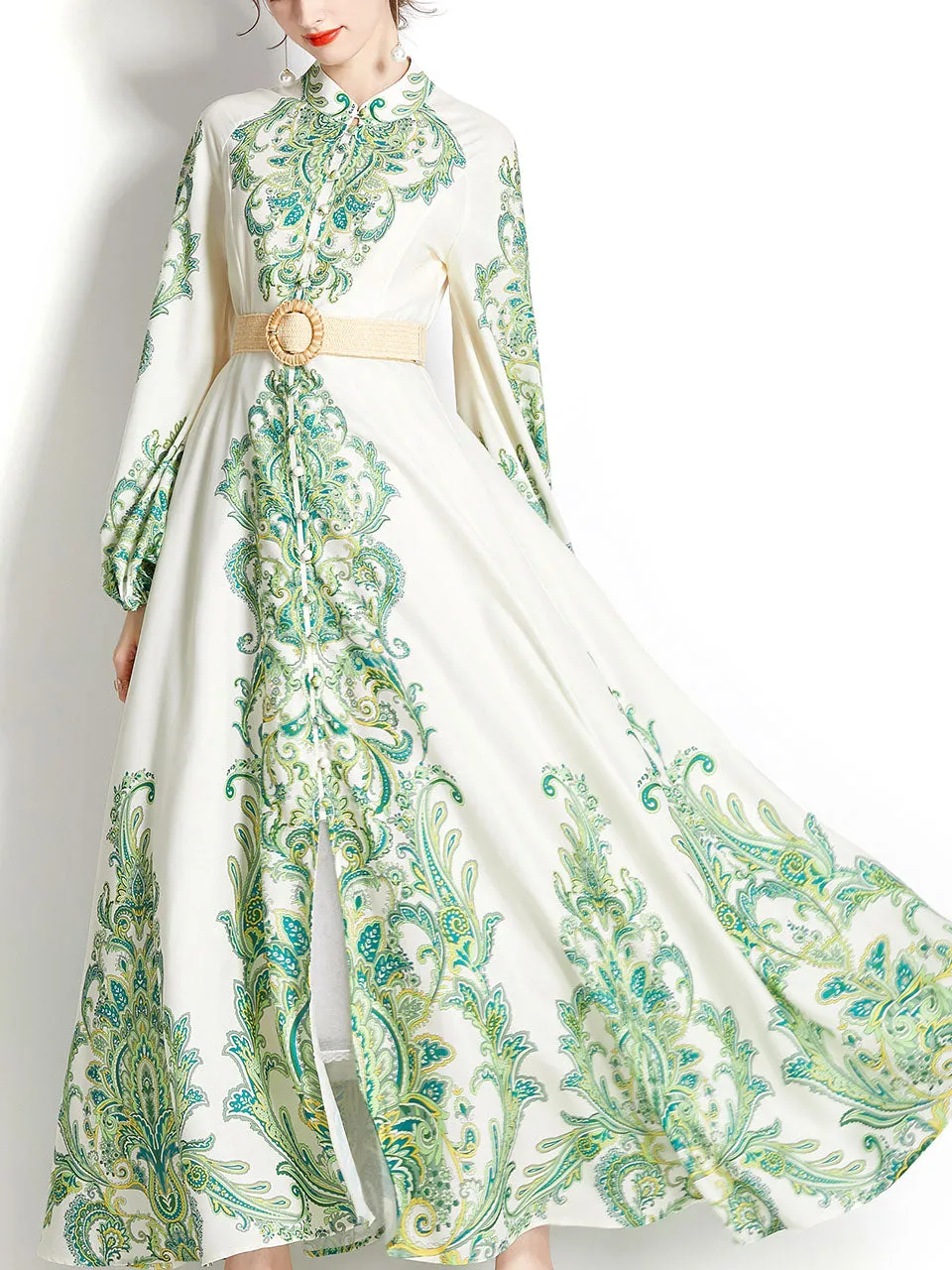 Green Stand Collar  Print Long Sleeve Bohemian Dress Maxi Dress