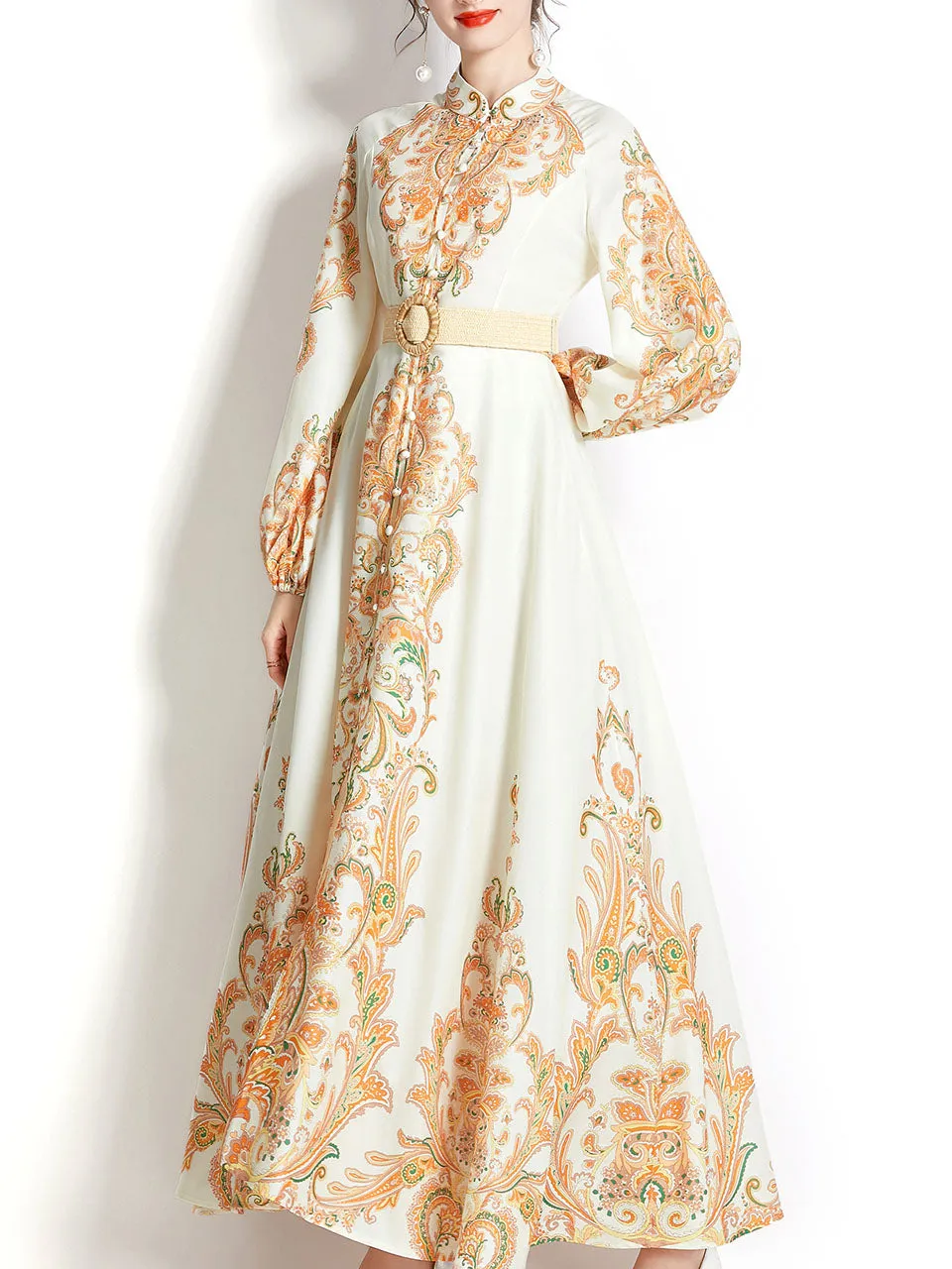 Green Stand Collar  Print Long Sleeve Bohemian Dress Maxi Dress