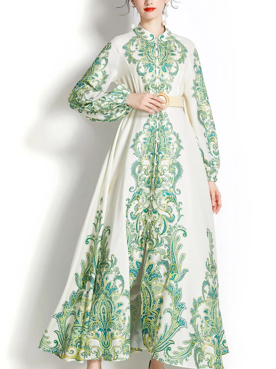 Green Stand Collar  Print Long Sleeve Bohemian Dress Maxi Dress