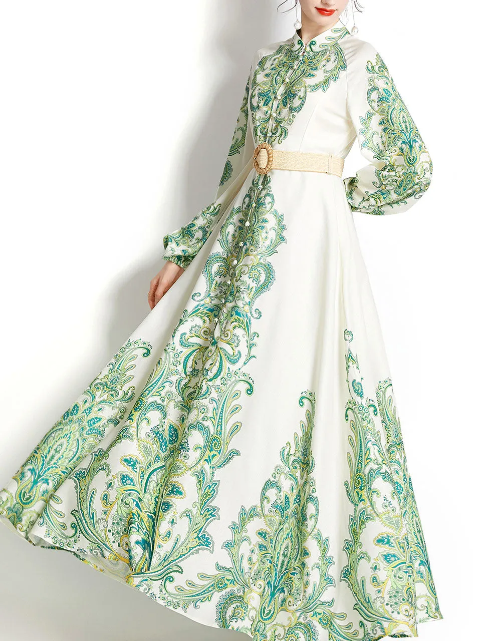 Green Stand Collar  Print Long Sleeve Bohemian Dress Maxi Dress