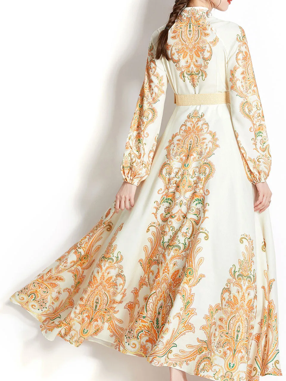 Green Stand Collar  Print Long Sleeve Bohemian Dress Maxi Dress