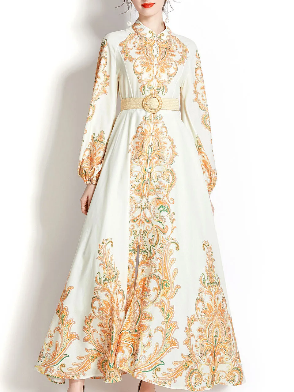 Green Stand Collar  Print Long Sleeve Bohemian Dress Maxi Dress