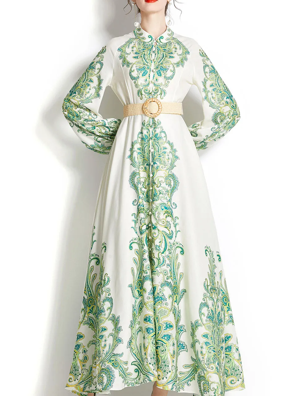 Green Stand Collar  Print Long Sleeve Bohemian Dress Maxi Dress