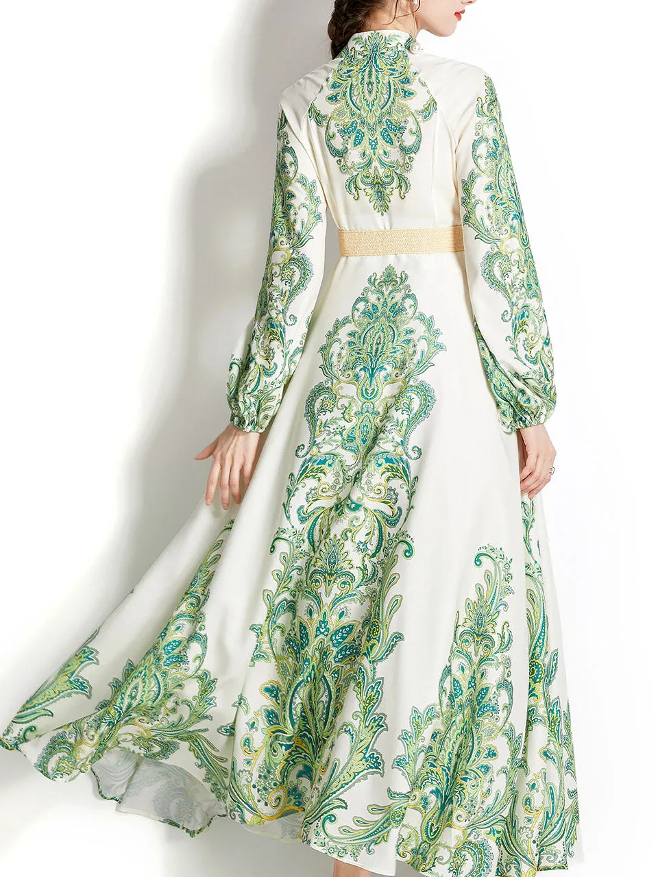 Green Stand Collar  Print Long Sleeve Bohemian Dress Maxi Dress