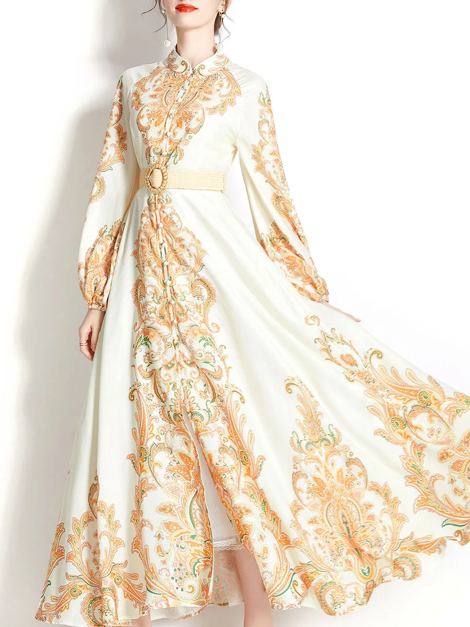 Green Stand Collar  Print Long Sleeve Bohemian Dress Maxi Dress