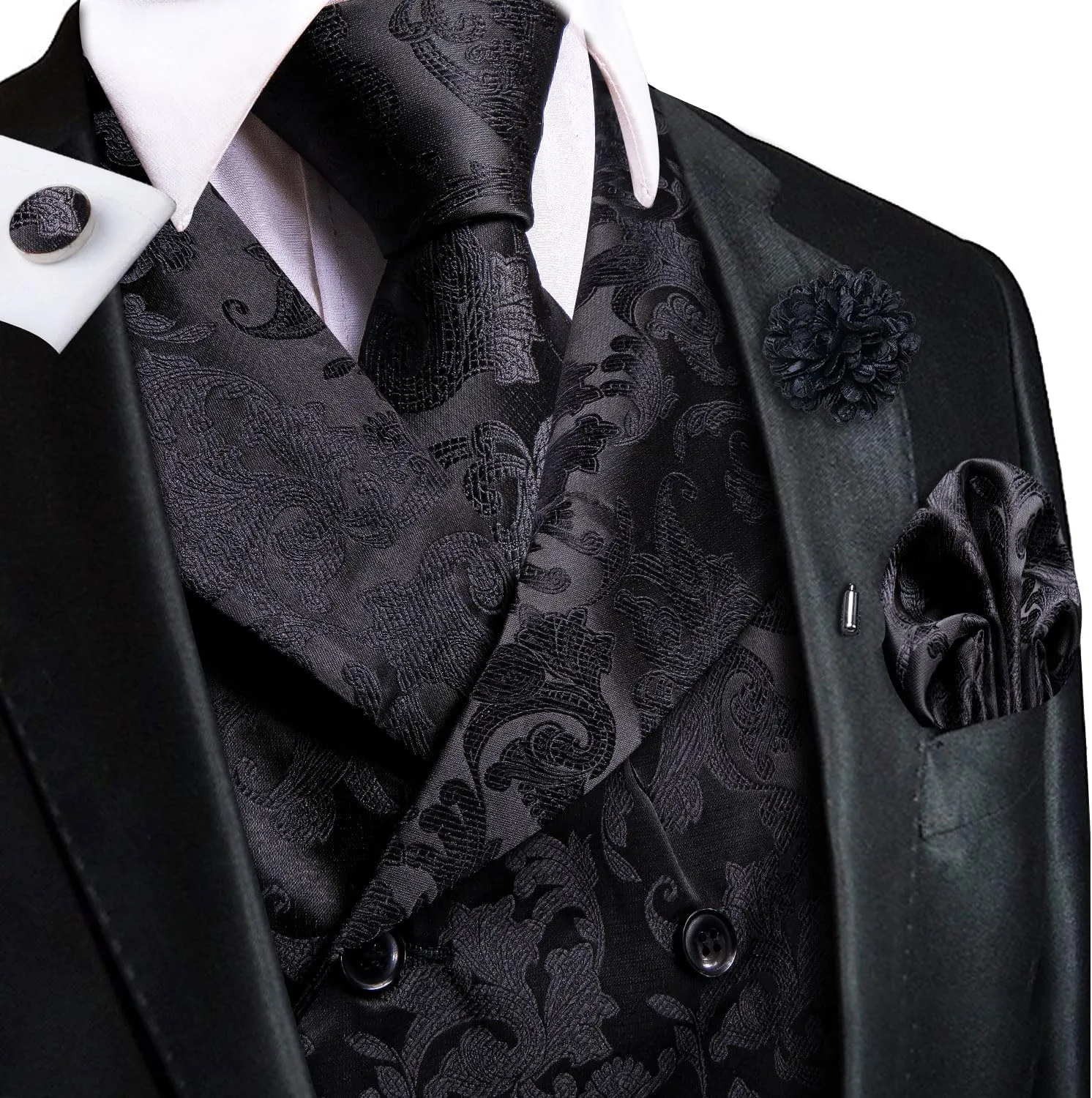 Hi-Tie Double Breasted Suit Vest Men Paisley Floral Waistcoat Tie Lapel Pin Handkerchief Cufflinks Tie Clip Suit Tuxedo 6PCS