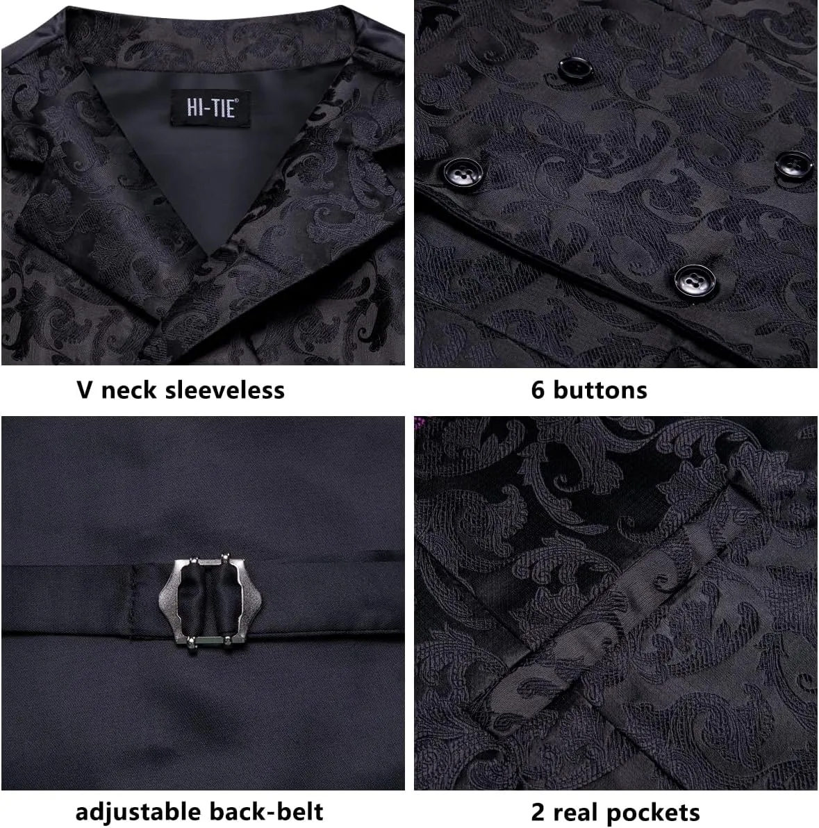 Hi-Tie Double Breasted Suit Vest Men Paisley Floral Waistcoat Tie Lapel Pin Handkerchief Cufflinks Tie Clip Suit Tuxedo 6PCS