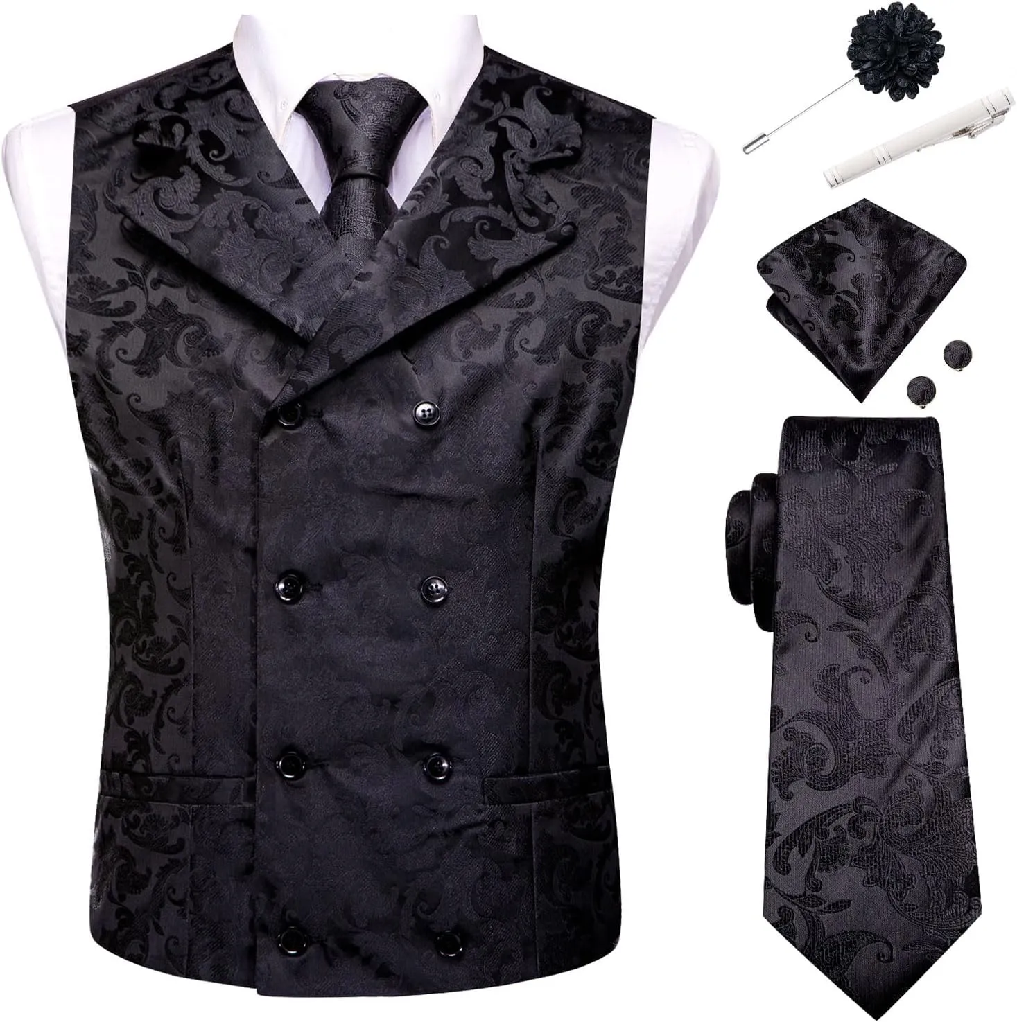 Hi-Tie Double Breasted Suit Vest Men Paisley Floral Waistcoat Tie Lapel Pin Handkerchief Cufflinks Tie Clip Suit Tuxedo 6PCS