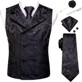 Hi-Tie Double Breasted Suit Vest Men Paisley Floral Waistcoat Tie Lapel Pin Handkerchief Cufflinks Tie Clip Suit Tuxedo 6PCS