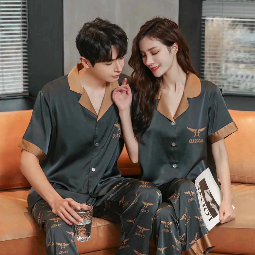 Ice Silk Pajamas Women\'s Fashion Printing Casual Loose Couple Home Suit Wholesale