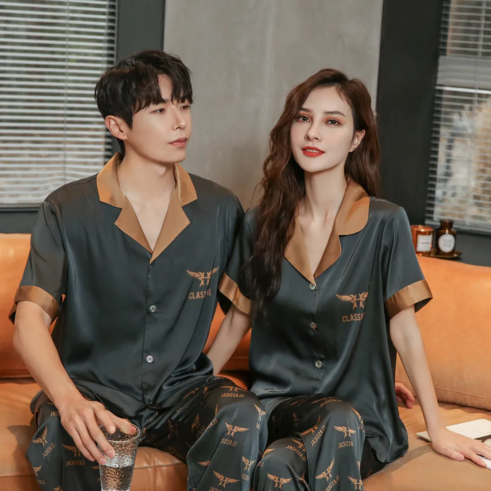 Ice Silk Pajamas Women\'s Fashion Printing Casual Loose Couple Home Suit Wholesale