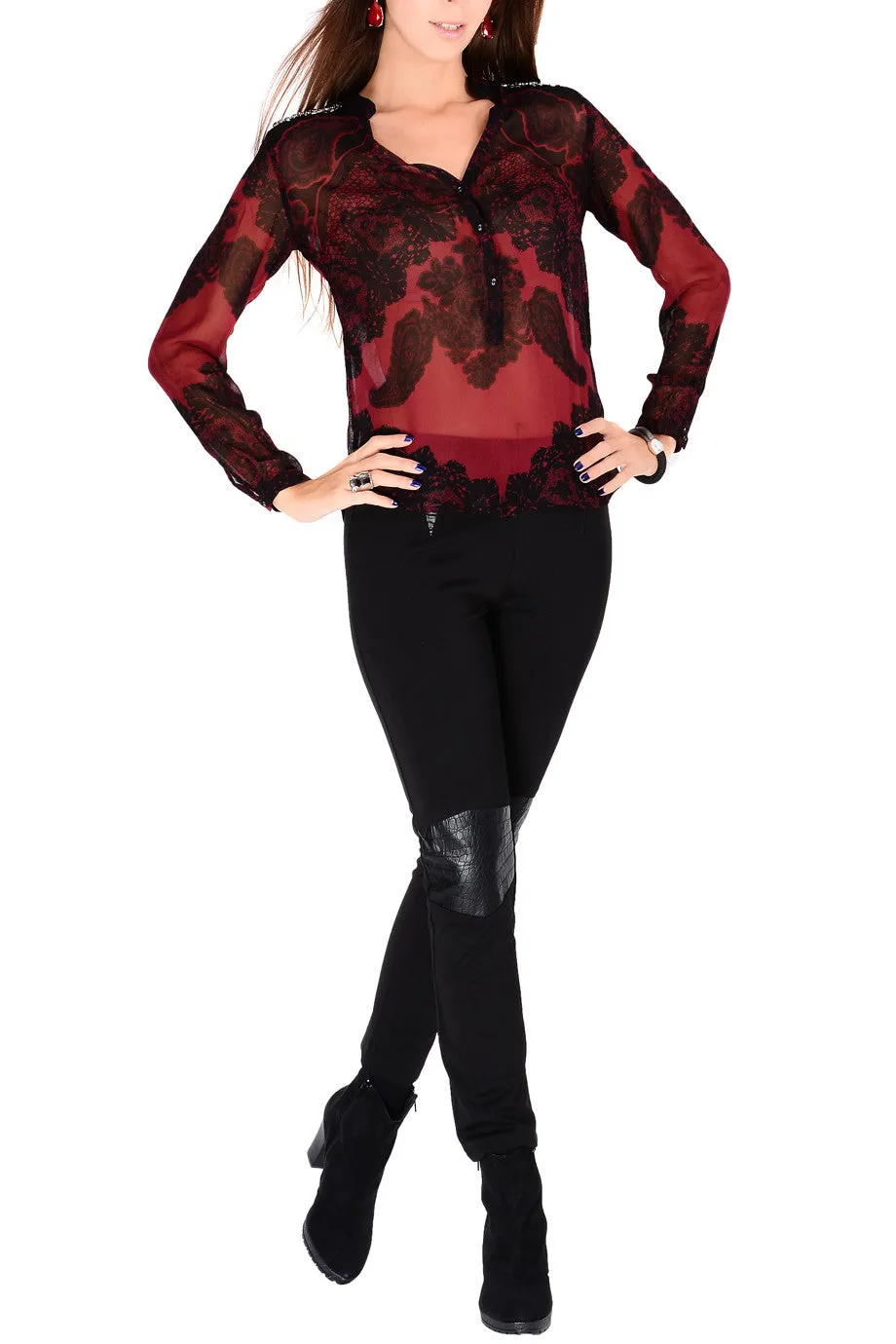 JAEDA Raspberry Sheer Paisley Top