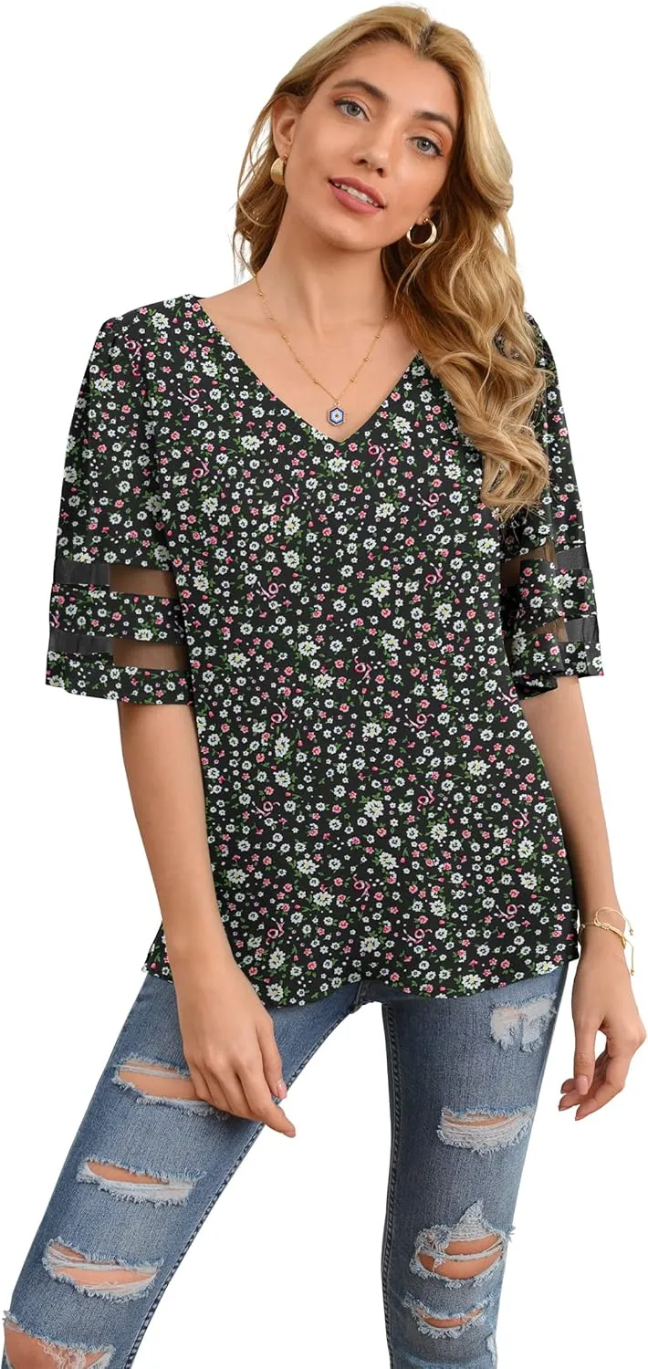 Jouica Women's V Neck Chiffon Blouse Mesh Panel Blouse 3/4 Bell Sleeve Loose Top Shirt