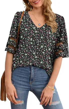 Jouica Women's V Neck Chiffon Blouse Mesh Panel Blouse 3/4 Bell Sleeve Loose Top Shirt