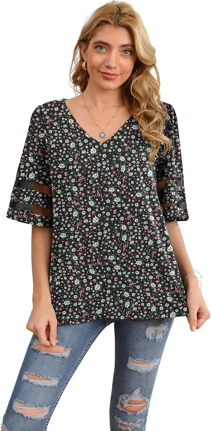 Jouica Women's V Neck Chiffon Blouse Mesh Panel Blouse 3/4 Bell Sleeve Loose Top Shirt