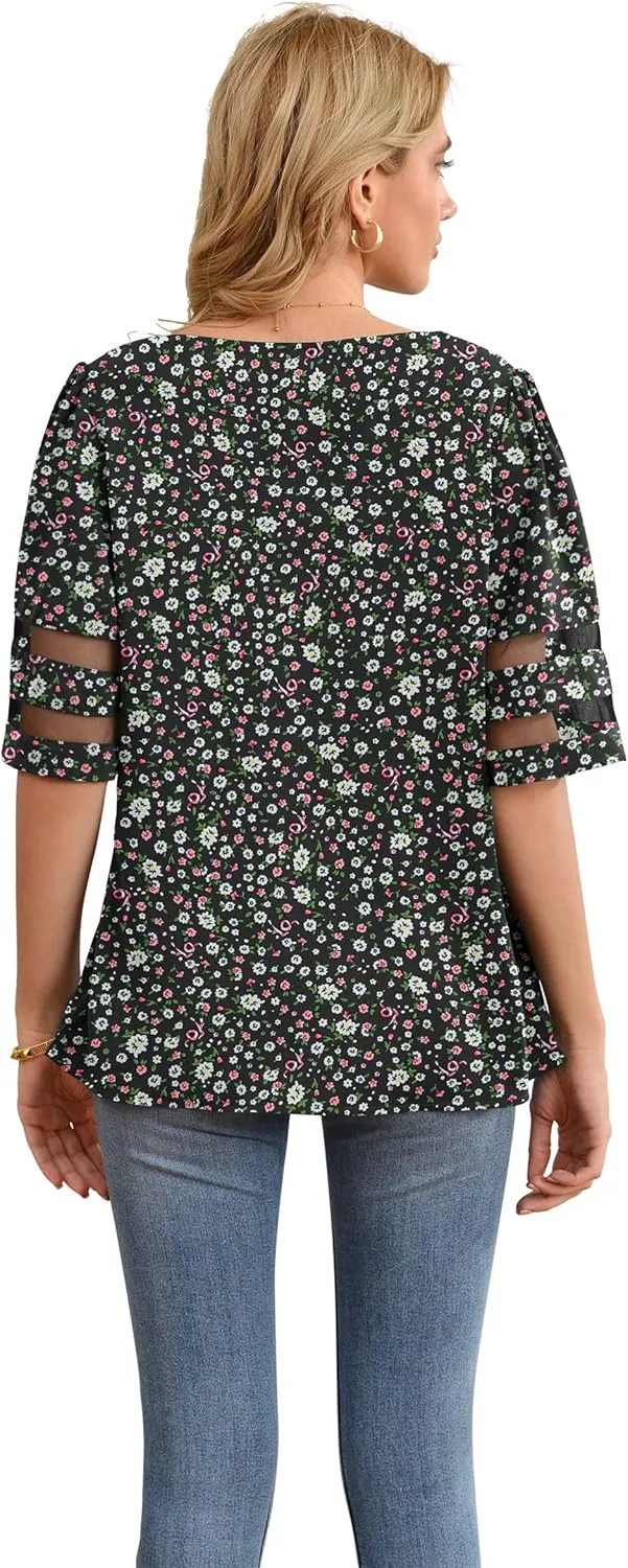 Jouica Women's V Neck Chiffon Blouse Mesh Panel Blouse 3/4 Bell Sleeve Loose Top Shirt