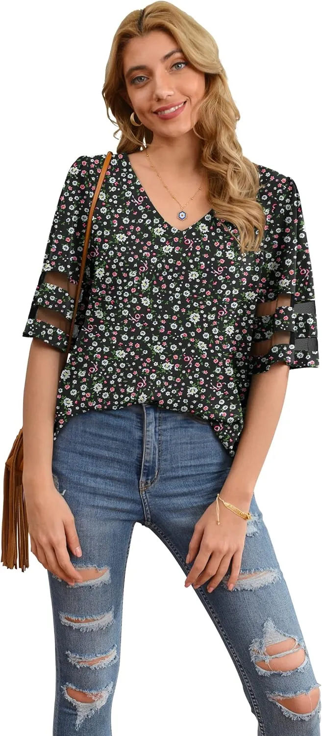 Jouica Women's V Neck Chiffon Blouse Mesh Panel Blouse 3/4 Bell Sleeve Loose Top Shirt