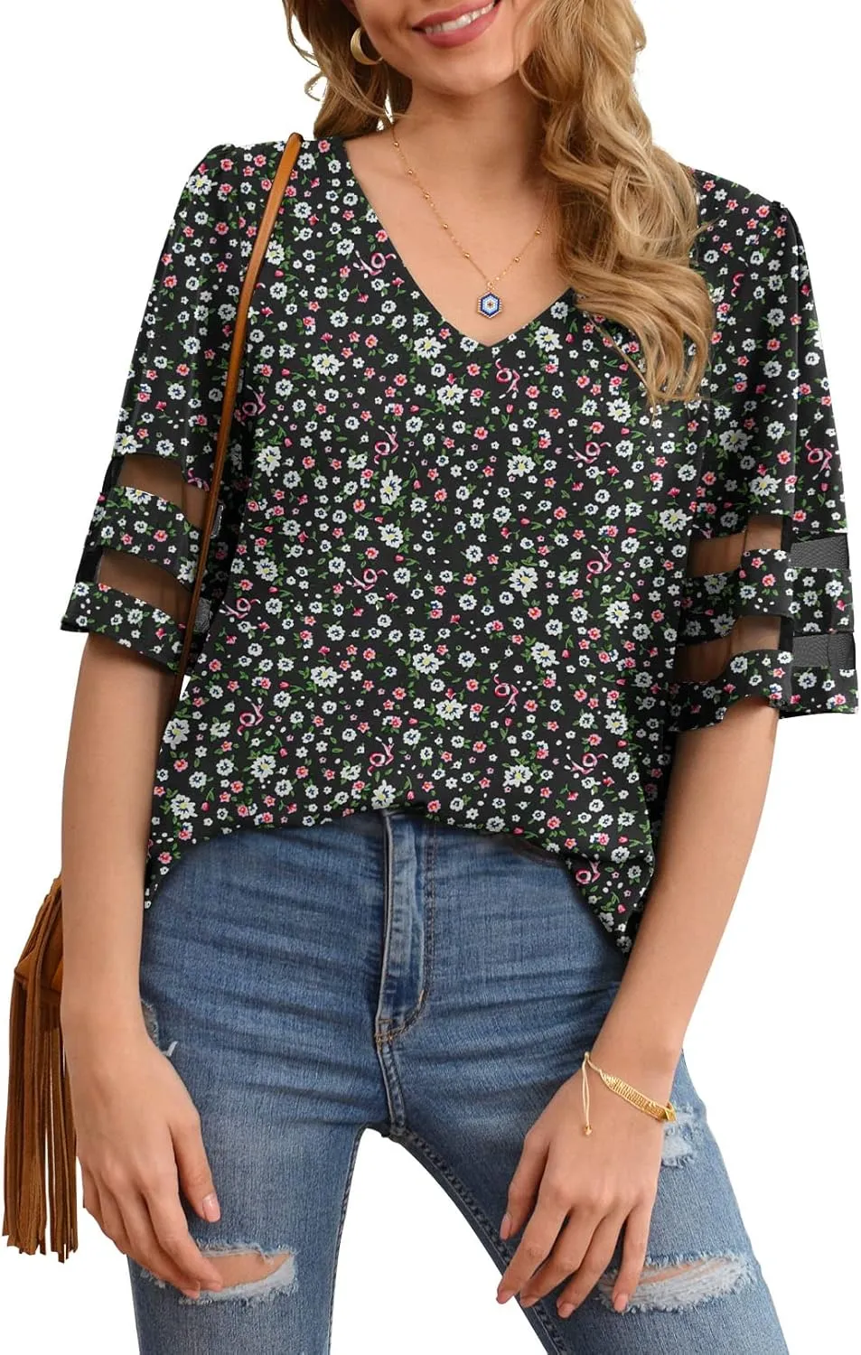 Jouica Women's V Neck Chiffon Blouse Mesh Panel Blouse 3/4 Bell Sleeve Loose Top Shirt