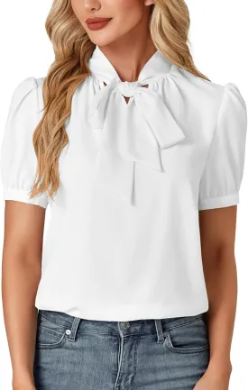 KIFOVEN Women's Business Bow Tie Knot Mock Neck Puff Short Sleeve Workwear Blouse Shirt Top