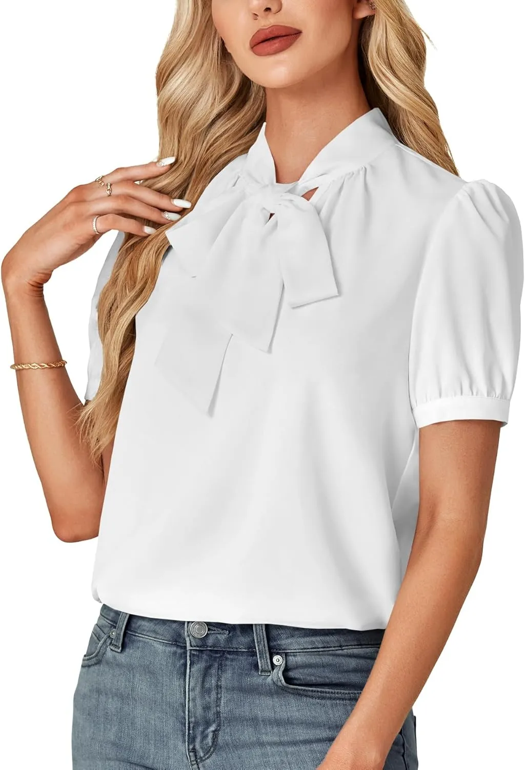 KIFOVEN Women's Business Bow Tie Knot Mock Neck Puff Short Sleeve Workwear Blouse Shirt Top