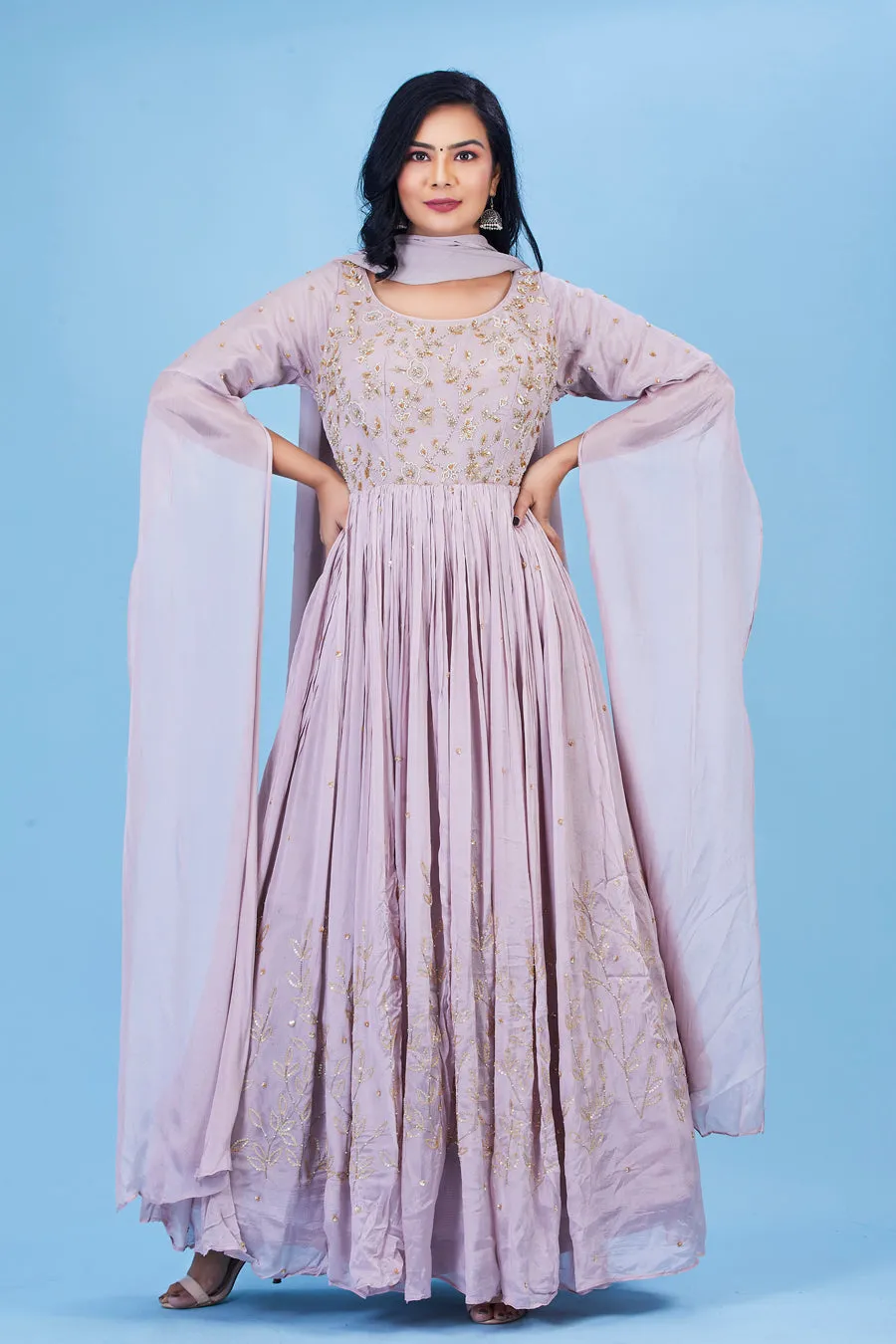 Lavender color Long Gown with Dupatta