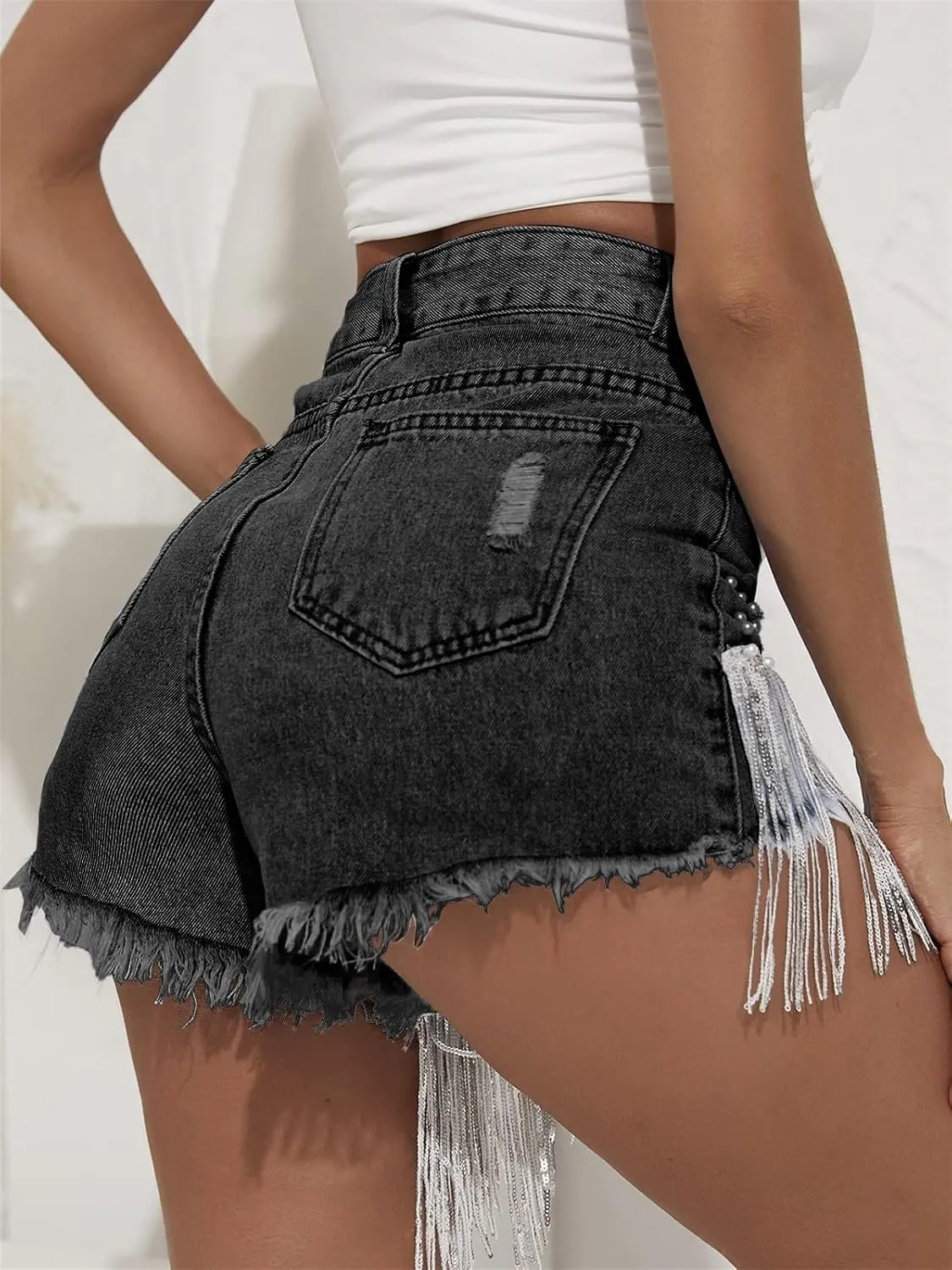 LifeShe Women Denim Short Rhinestone Pearl Beaded Fringe Tassel Jean Shorts