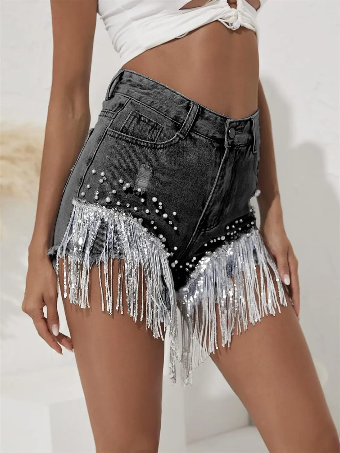 LifeShe Women Denim Short Rhinestone Pearl Beaded Fringe Tassel Jean Shorts