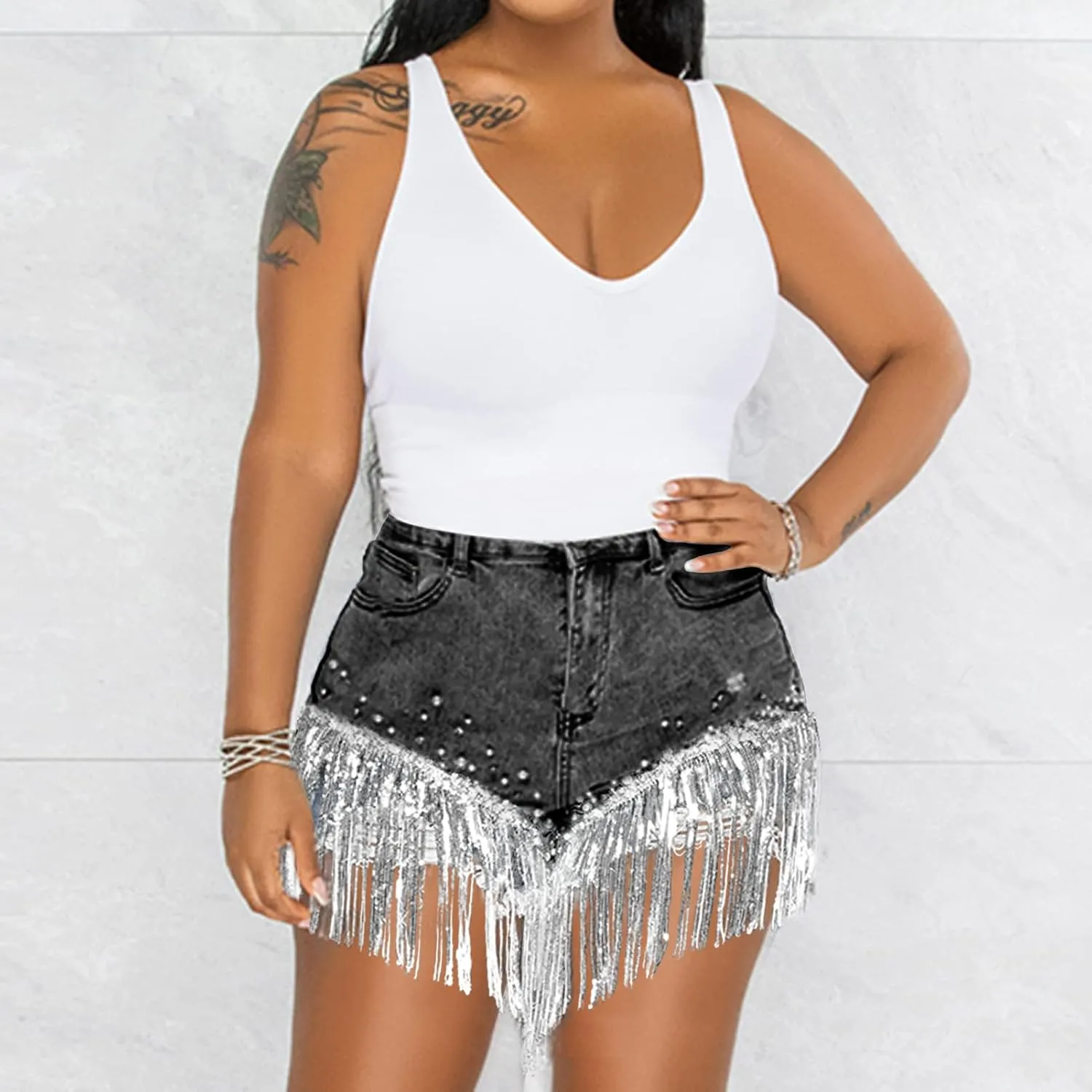 LifeShe Women Denim Short Rhinestone Pearl Beaded Fringe Tassel Jean Shorts