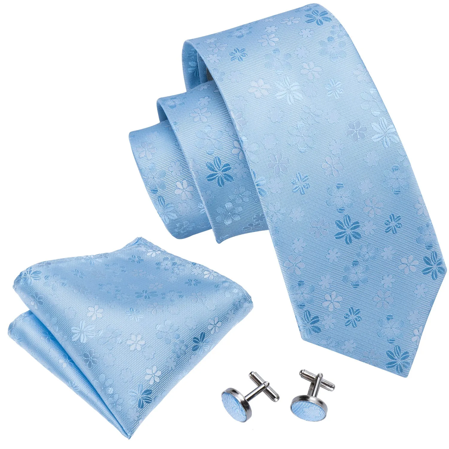 Light Blue White Floral Men's Tie Pocket Square Cufflinks Set