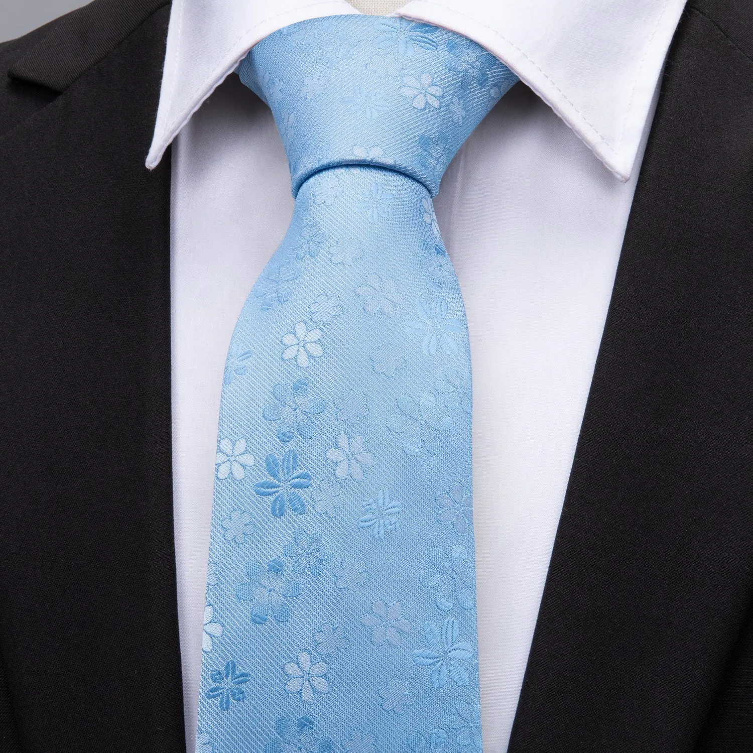 Light Blue White Floral Men's Tie Pocket Square Cufflinks Set