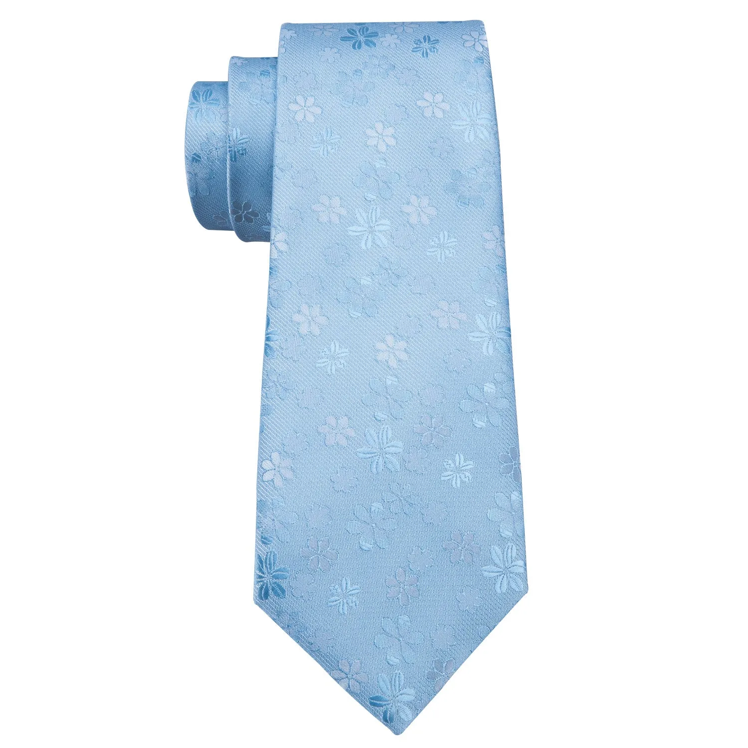 Light Blue White Floral Men's Tie Pocket Square Cufflinks Set