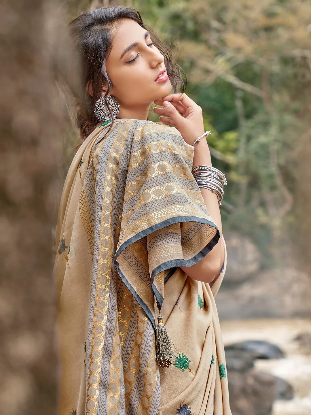 Light Brown Printed Chiffon Sarees for Women With Blouse