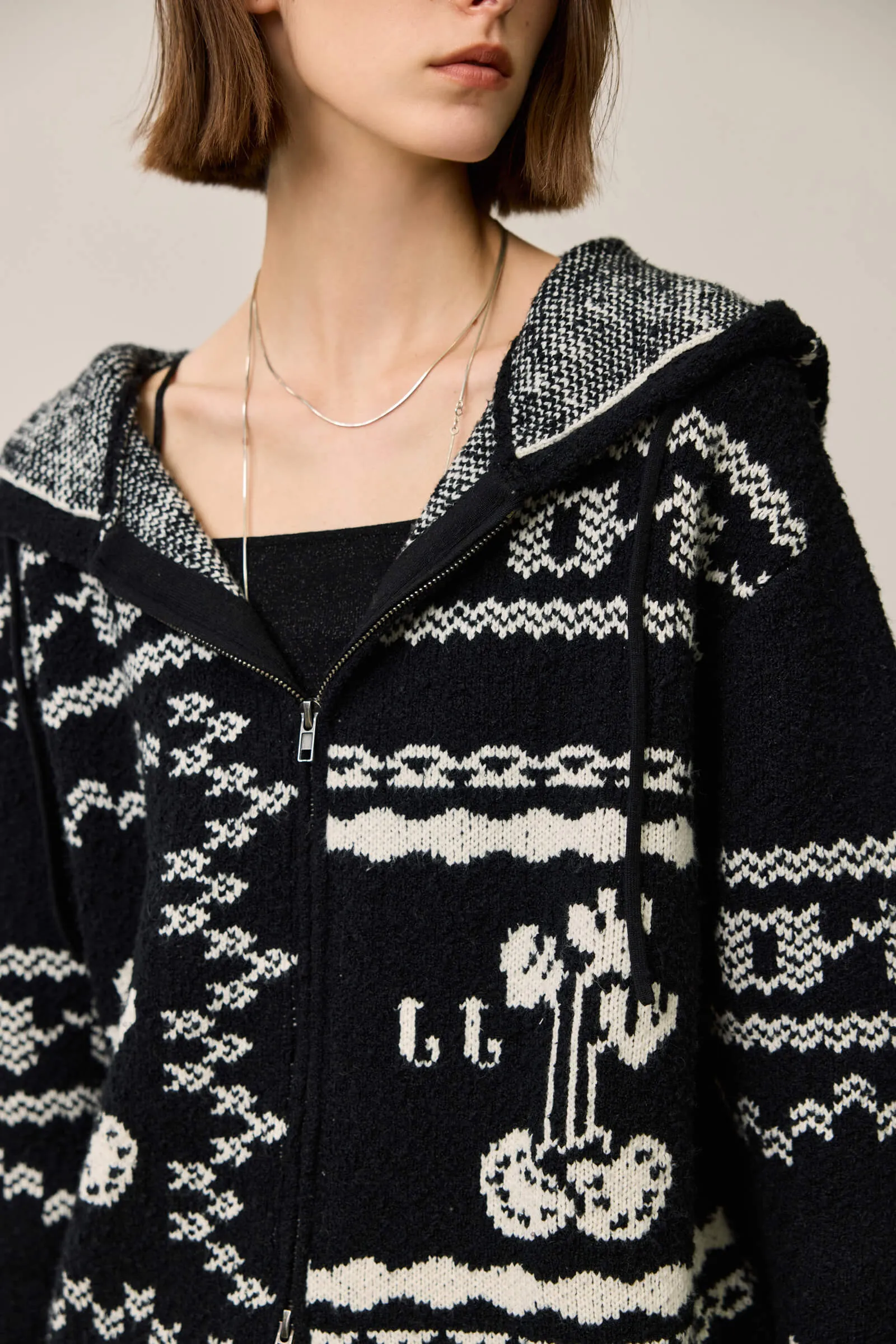 LILY Retro Fair Isle Black and White Contrast Knit Hoodie