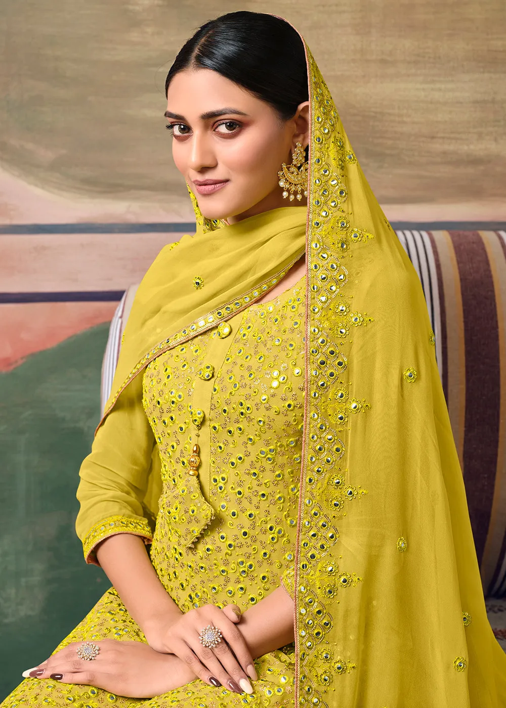 Lime Yellow Designer Gharara Style Festive Sharara Suit