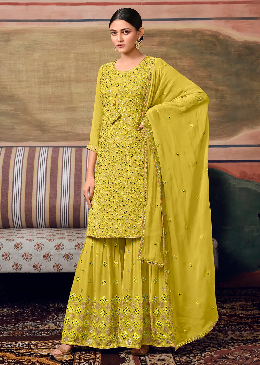 Lime Yellow Designer Gharara Style Festive Sharara Suit