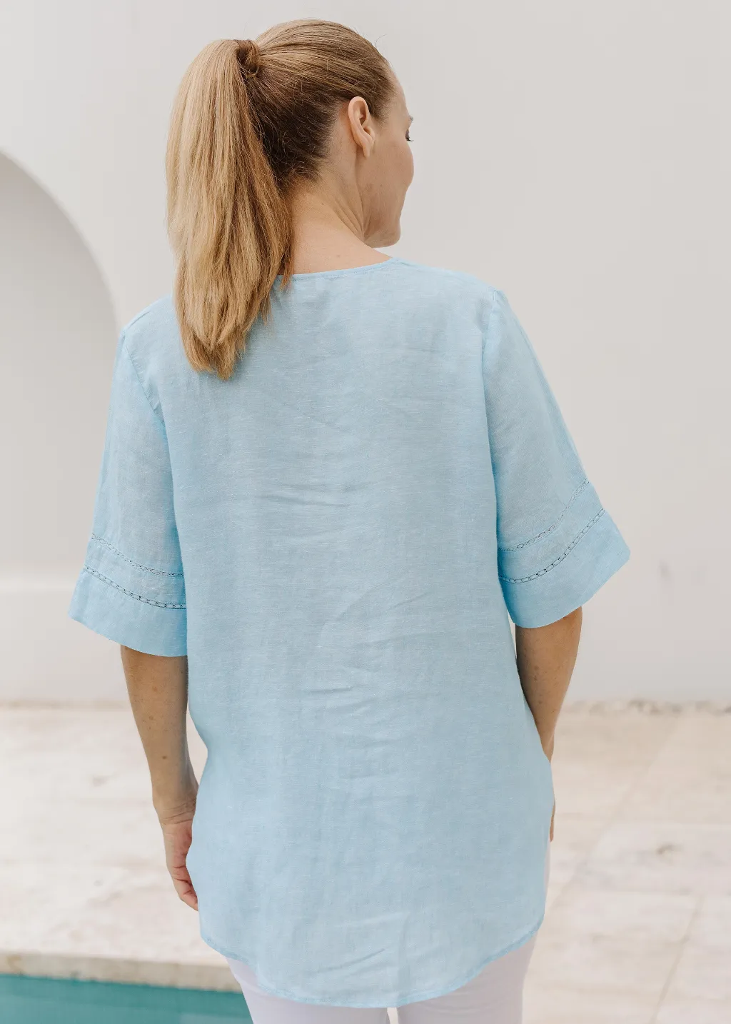 Linen Lace Trim Insert Top Aqua