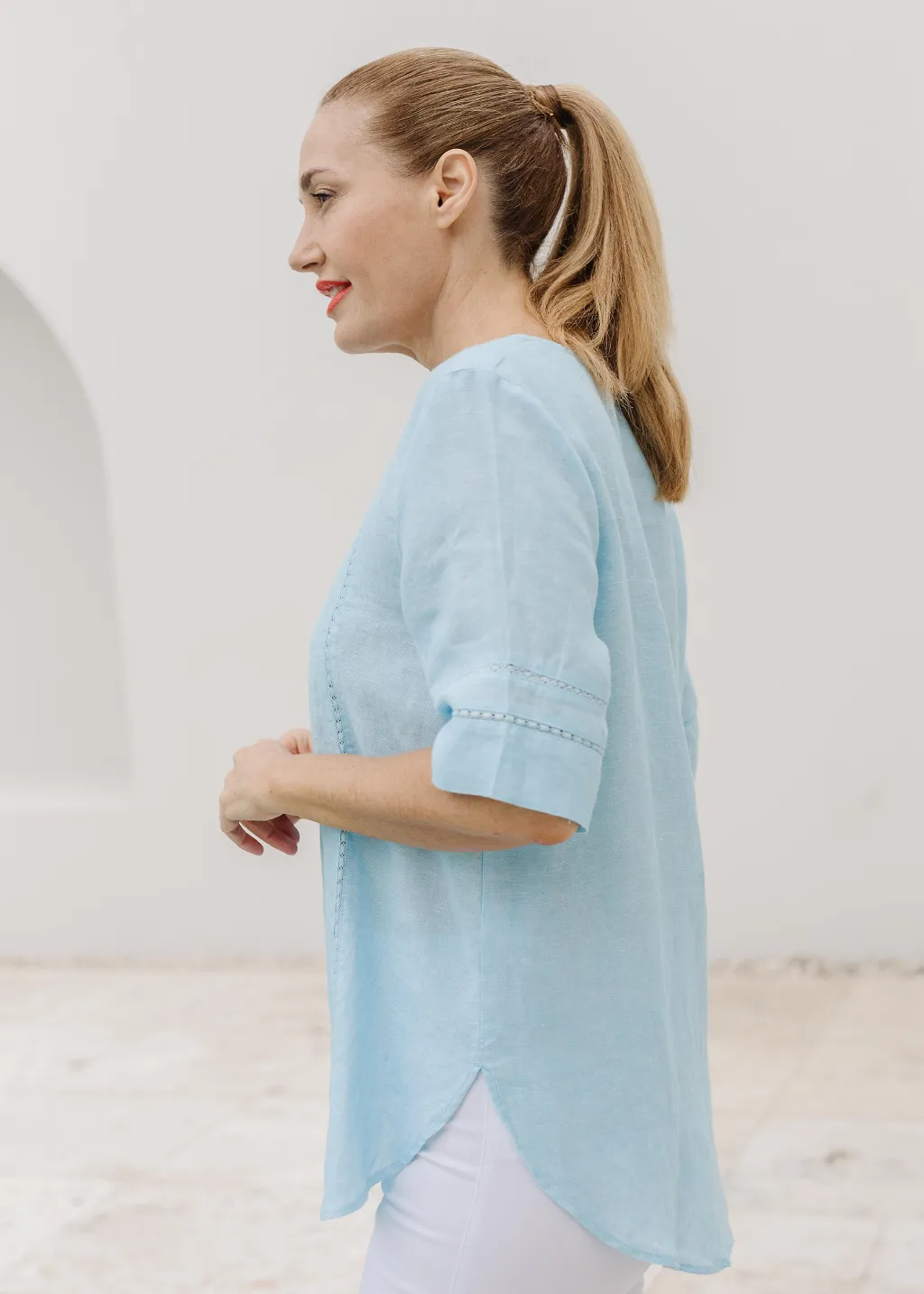 Linen Lace Trim Insert Top Aqua