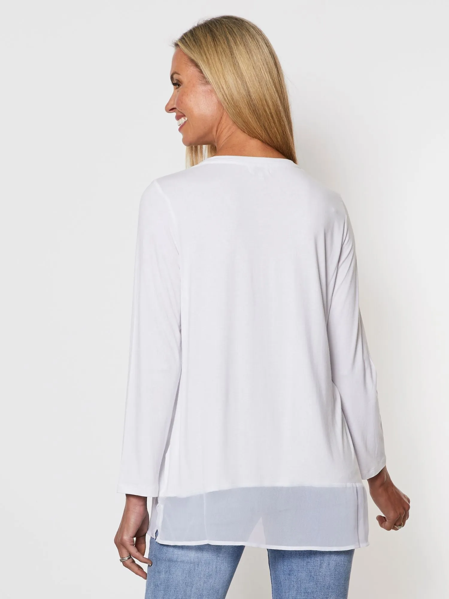 Long Sleeve Georgette Hem T-shirt - White