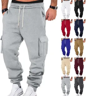 Mens Cargo Sweatpants Cotton Fleece Lined Joggers Pants Baggy Drawstring Elastic Waist Multi Pockets Workout Pants