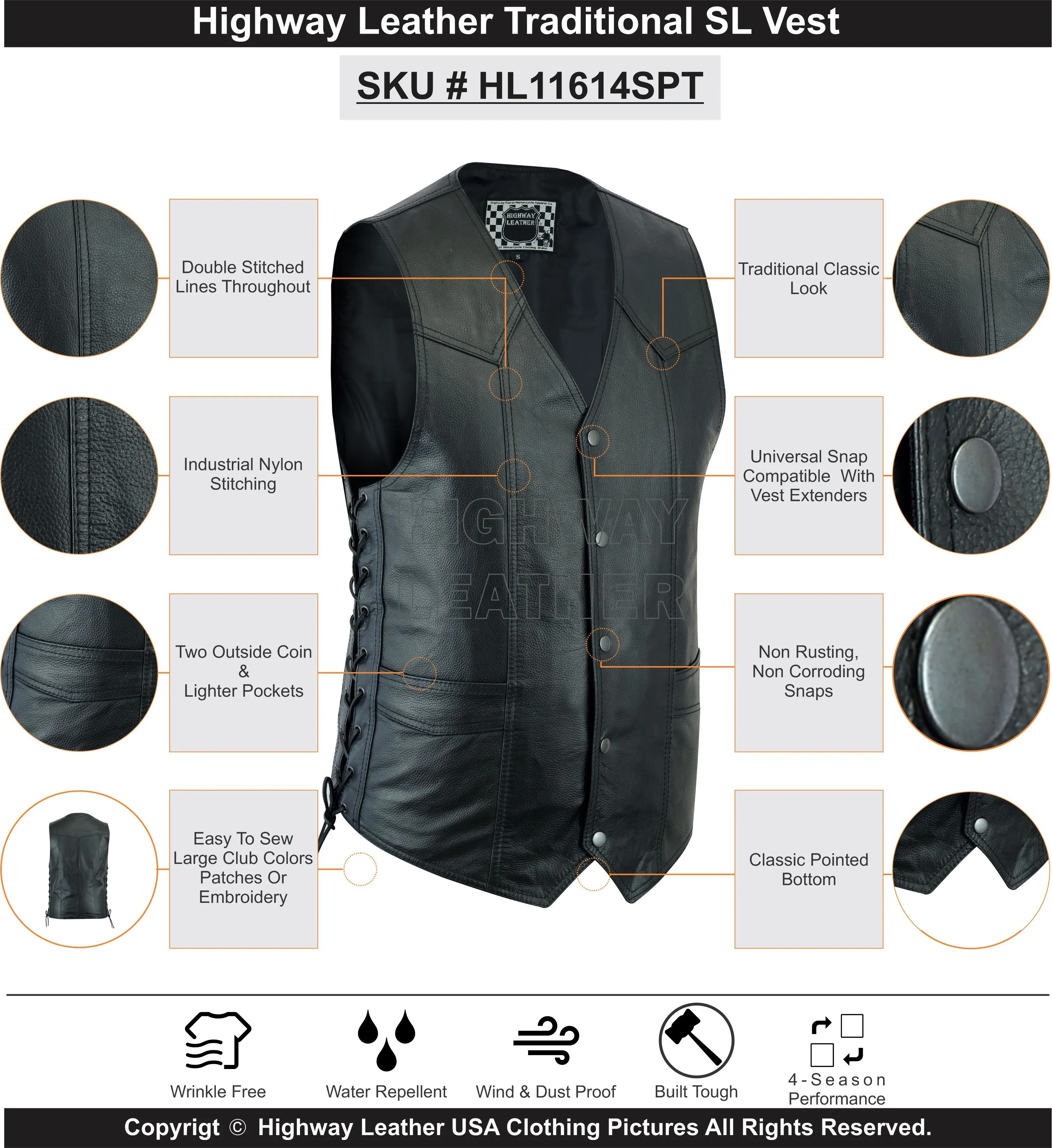 Men's Classic Leather Vest Motorcycle Gun Pockets for Riders, Easy Biker Patch Sewing, Side Lacing Western Cut