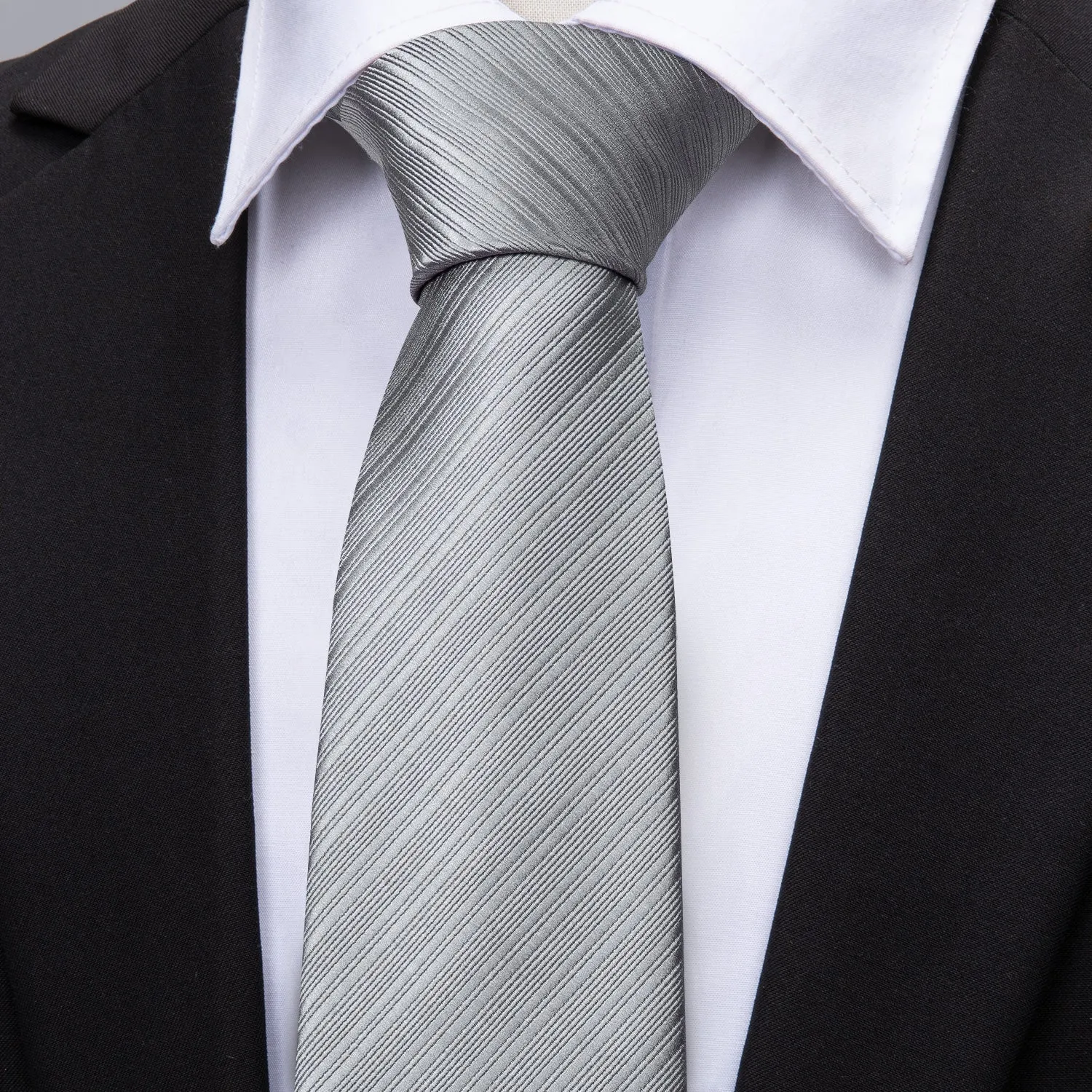 Men's Grey Striped Tie Hanky Cufflinks Set