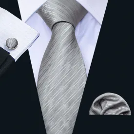 Men's Grey Striped Tie Hanky Cufflinks Set