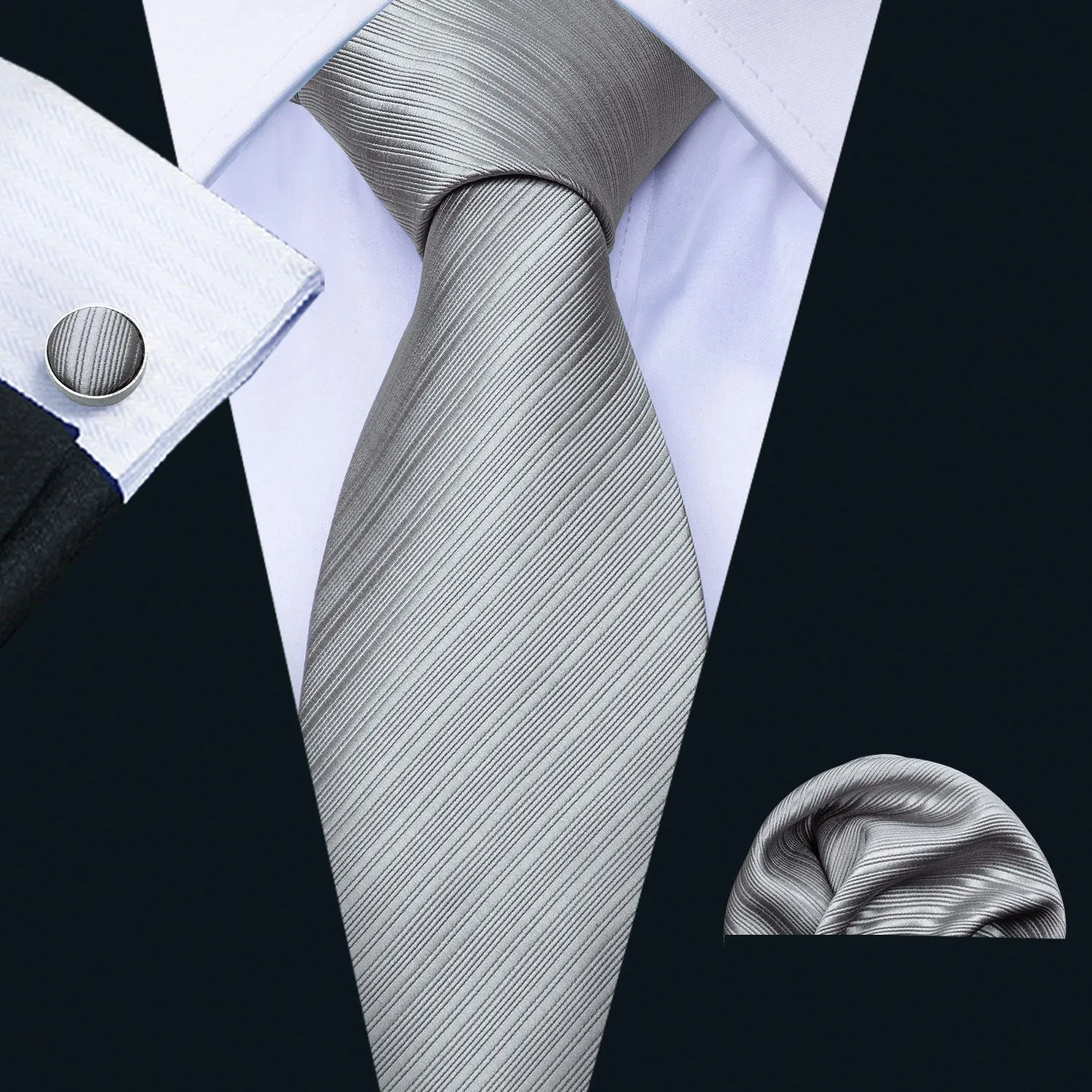 Men's Grey Striped Tie Hanky Cufflinks Set