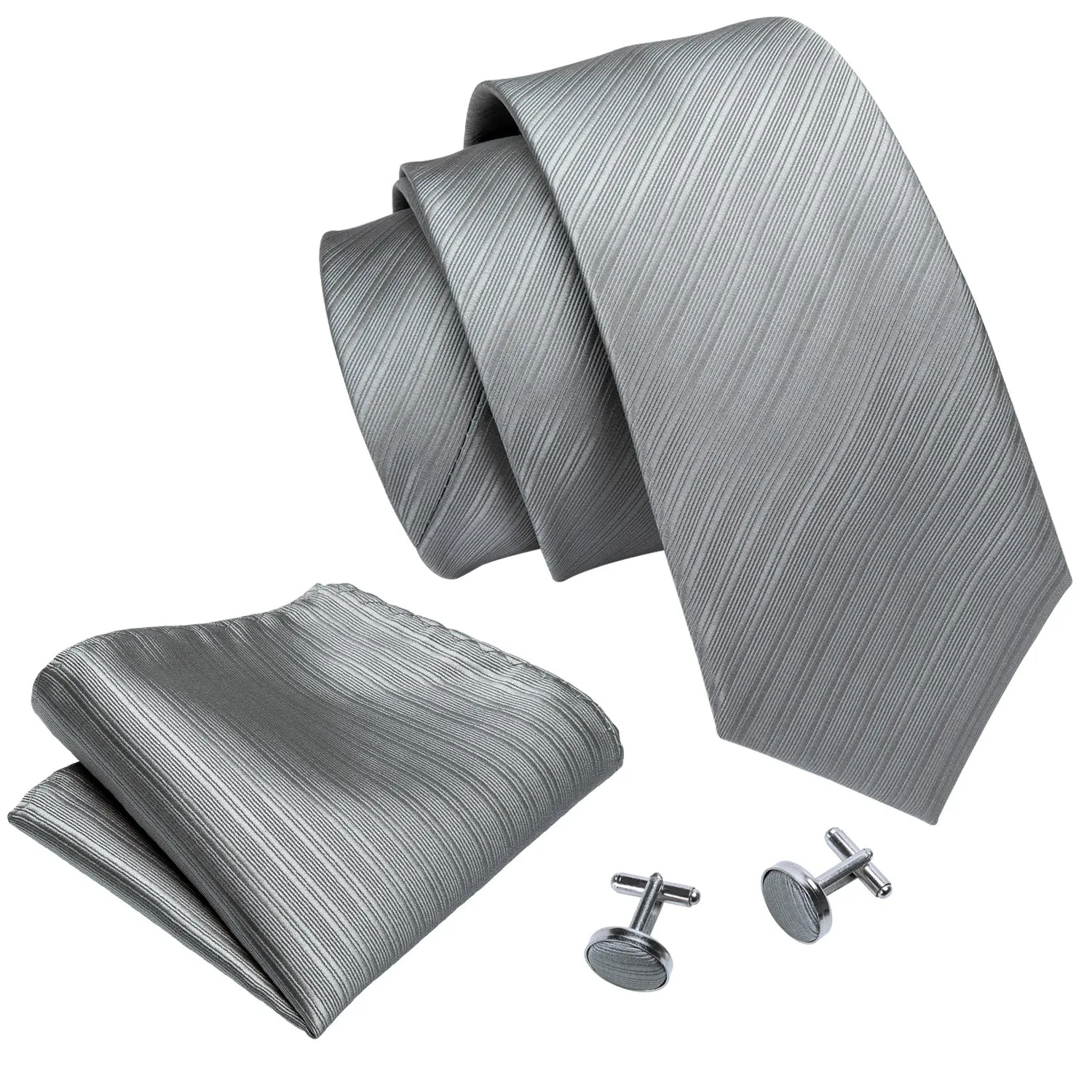 Men's Grey Striped Tie Hanky Cufflinks Set