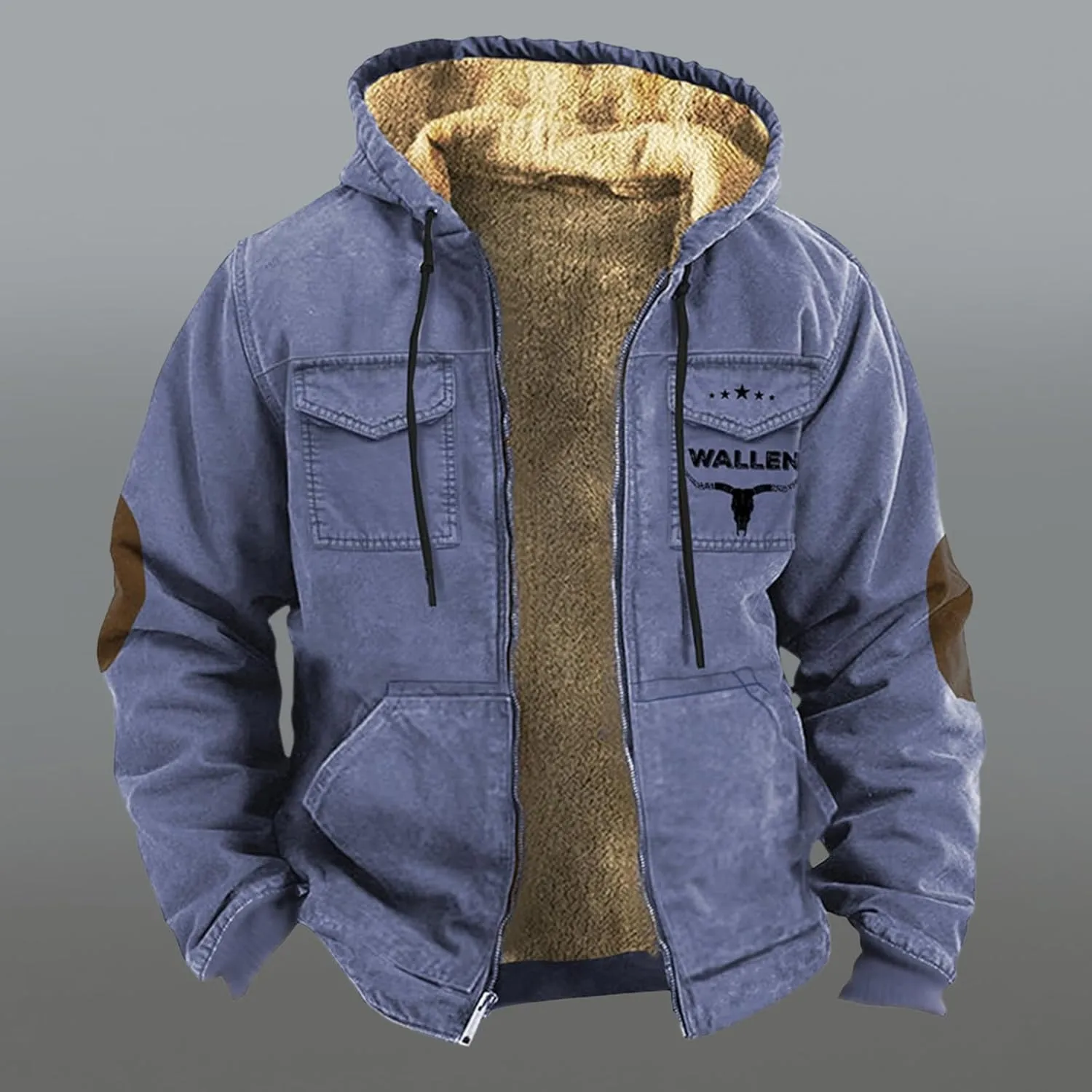 Mens Puffer Jacket Packable Jackets Double Pocket Western Cowboy 3D Printed Hooded Brown Warm Cotton Jacket Men's